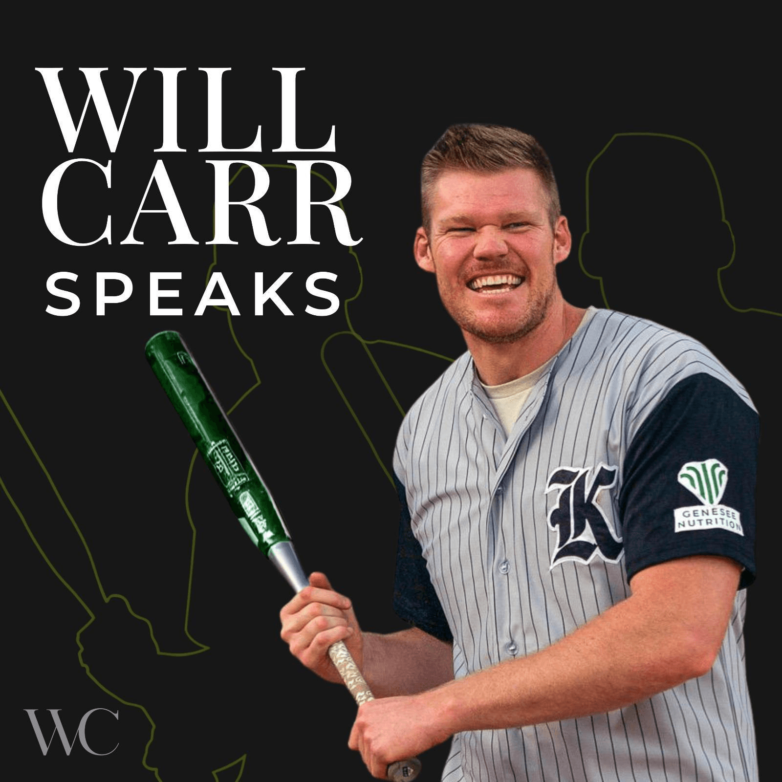 Will Carr in a Genesee Nutrition jersey holding a baseball bat